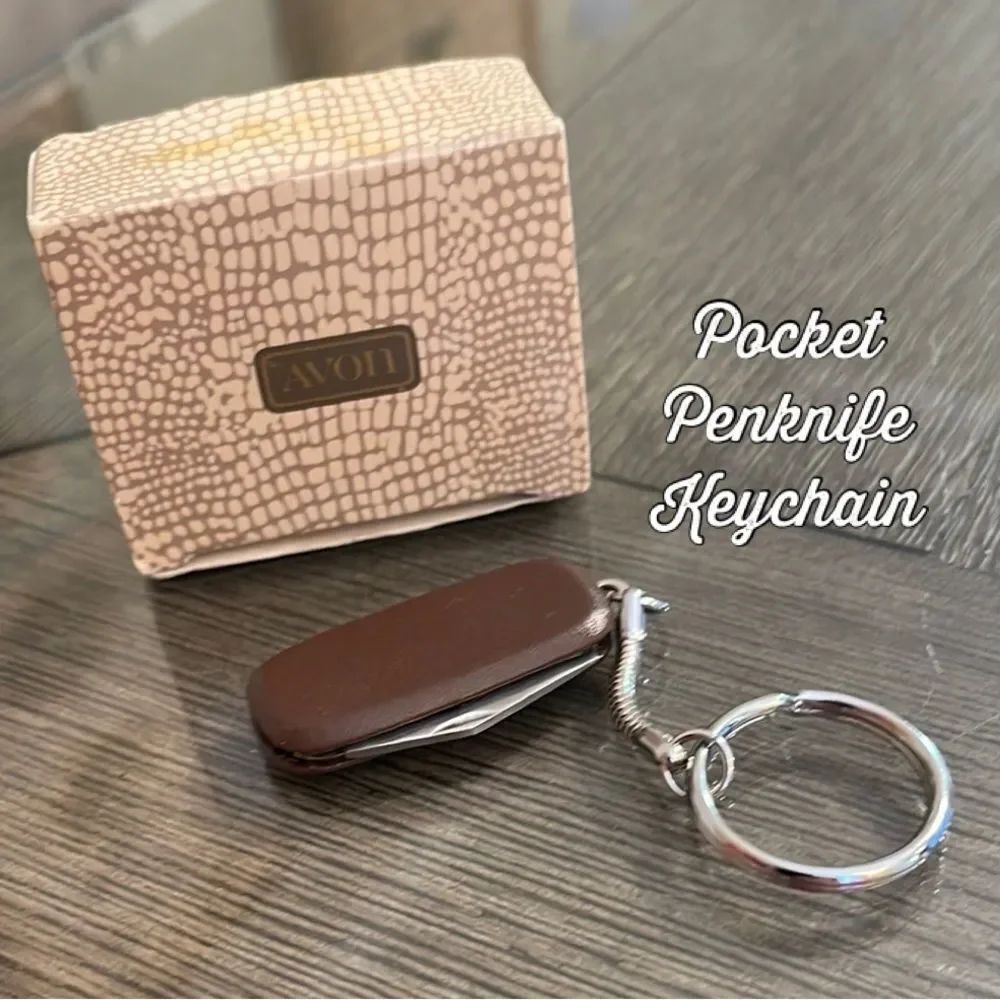 Vintage 1983 Avon Pocket Penknife Keychain Brown Simulated Leather